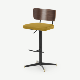 An Image of Amalyn Height Adjustable Bar Stool, Antique Velvet & Walnut