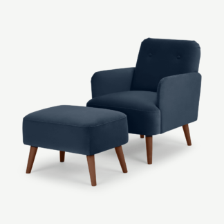 An Image of Elvi Accent Armchair & Footstool, Ocean Blue Recycled Velvet