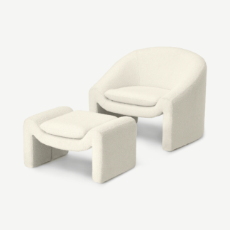 An Image of Shona Accent Armchair & Footstool, Whitewash Boucle
