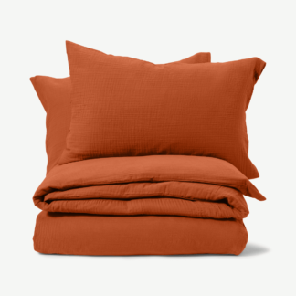 An Image of Tiso 100% Organic Cotton Duvet Cover + 2 Pillowcases, Double, Burnt Orange