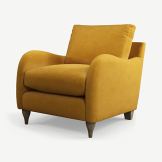 An Image of Sofia Armchair, Mustard Recycled Velvet with Light Wood Legs