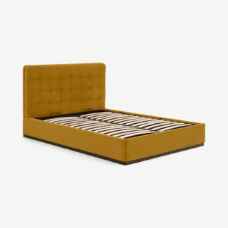 An Image of Lavelle King Size Ottoman Storage Bed, Marigold Velvet & Walnut Stain Plinth
