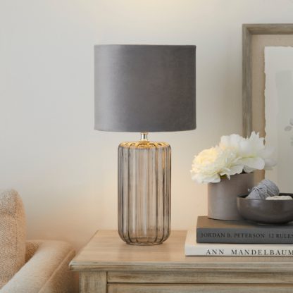 5da53118a12ac41d008930a6bcc01ea175d52216e8bf46bfd57aa07ba3d8d5e6.jpg An Image of Christine Ribbed Glass Table Lamp Smoke (Grey)