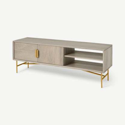 An Image of Haines Wide Media Unit, Grey Washed Mango Wood & Brass