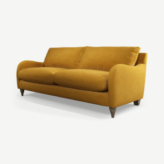 An Image of Sofia 3 Seater Sofa, Mustard Recycled Velvet with Light Wood Legs