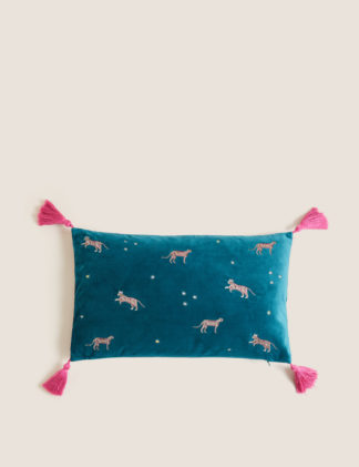 An Image of M&S Velvet Embroidered Tassel Bolster Cushion