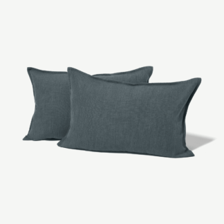 An Image of Elena Set of 2 Polyester & Linen Blend Cushions, 40 x 60cm, Denim Blue