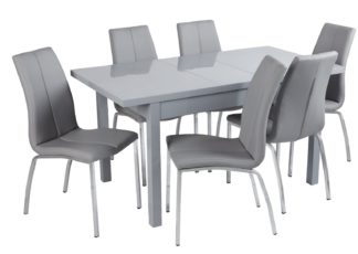 An Image of Argos Home Lyssa Gloss Extending Table & 6 Grey Milo Chairs