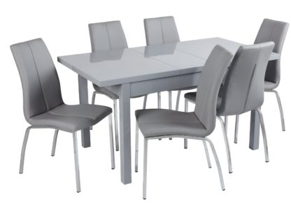 An Image of Argos Home Lyssa Gloss Extending Table & 6 Grey Milo Chairs