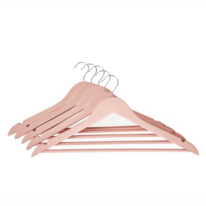 An Image of Set of 5 Wooden Blush Pink Coat Hangers Pink