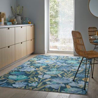An Image of Fold Alyssa Floral Washable Rug Blue