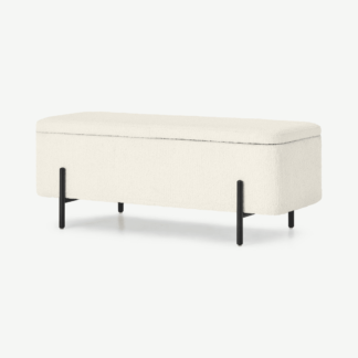 An Image of Asare Upholstered Ottoman Storage Bench, 110 cm, White Boucle with Black Legs