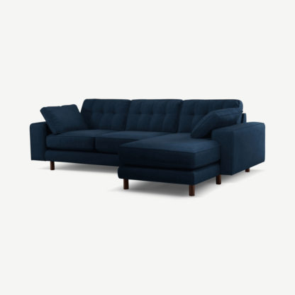 An Image of Content by Terence Conran Tobias, Right Hand facing Chaise End Sofa, Navy Blue Recycled Velvet with Dark Wood Legs