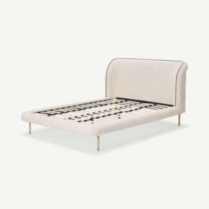 An Image of Otillia Double Bed, Oatmeal Loop Textured Boucle with Brass Legs