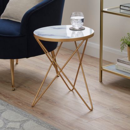 9b06a87189b28bf12ea481ac2343fd638f42b4f3e5797b26f44f9216739e4102.jpg An Image of Zoey White Marble Effect Side Table White