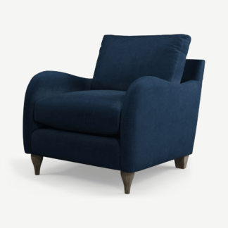 An Image of Sofia Armchair, Navy Blue Recycled Velvet with Light Wood Legs