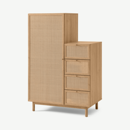 An Image of Pavia Single Wardrobe with Drawers, Natural Rattan & Oak Effect