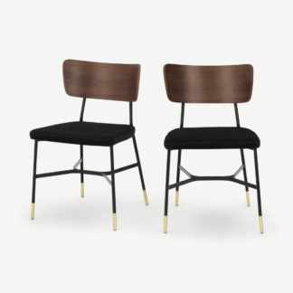 An Image of Amalyn Set of 2 Dining Chairs, Solar Black Velvet & Walnut