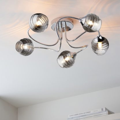 An Image of Marple 5 Light Semi Flush Ceiling Light - Chrome & Smoke