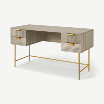 An Image of Haines Wide Desk, Grey Washed Mango Wood & Brass