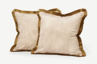 An Image of Kili Set of 2 Fringed Cushions, 45 x 45 cm, Soft Taupe & Gold Velvet