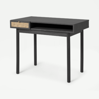 An Image of Pavia Compact Desk, Natural Rattan & Black Wood Effect