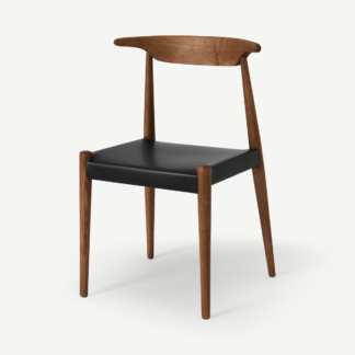 An Image of Klenno Dining Chair, Black Leather & Dark Stain Finish