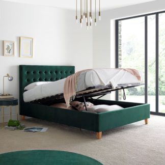 An Image of Kingham Green Velvet Fabric Ottoman Storage Bed Frame - 4ft6 Double