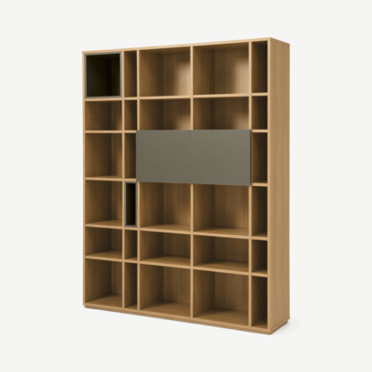 An Image of Heaton Wide Shelving Unit, Cobalt Grey & Oak Effect