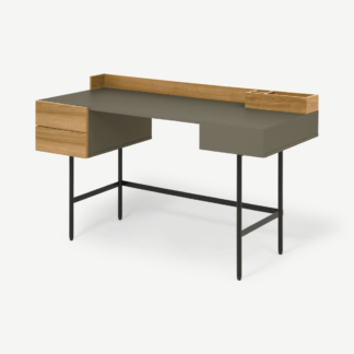 An Image of Heaton Wide Desk, Cobalt Grey & Oak Effect