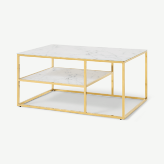 An Image of Alisma 2 Layer Square Coffee Table, Frosted Marble Effect Glass & Brass