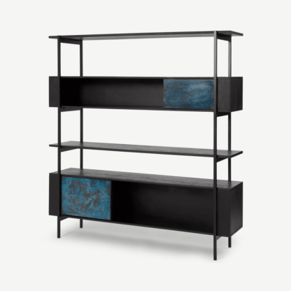 An Image of Morland Wide Shelving Unit, Black Stain Mango Wood & Blue Patina