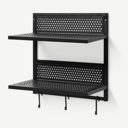 An Image of Mauno 2-Tier Wall-Mounted Shelf with 3 Hooks, Black Perforated Metal