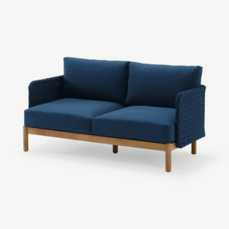 An Image of Kolbe 2 Seater Flatweave Garden Sofa, Navy & Acacia Wood