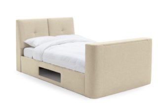 An Image of Habitat Jakob Double TV Ottoman Fabric Bed Frame - Natural