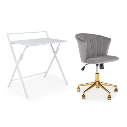 An Image of Evelyn Marble Folding Desk and Grey Kendall Chair Bundle Grey
