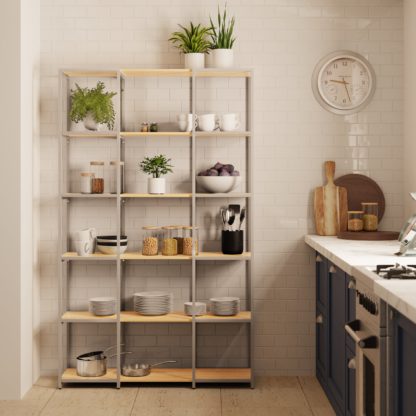 An Image of Modular Silver & Light Oak 6 Shelf Wide Shelving Unit MultiColoured