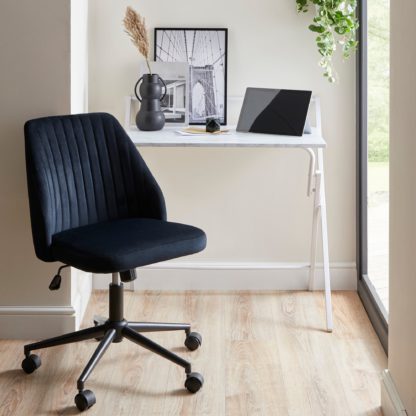 98b141b6a09ed6ea5d6f49fdffec30811352ac2f583c5d9b201ae9c5a647c536.jpg An Image of Evelyn Marble Folding Desk and Mya Black Velvet Chair Bundle Black and white