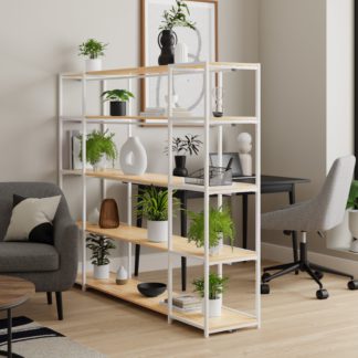 An Image of Modular White & Light Oak 5 Shelf Wide Shelving Unit MultiColoured