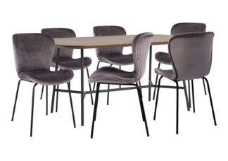 An Image of Habitat Huntington Wood Effect Dining Table & 6 Grey Chairs