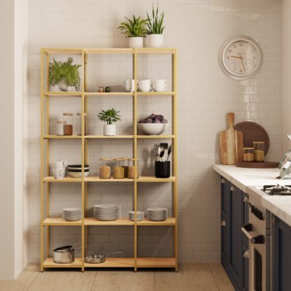 An Image of Modular Gold & Light Oak 6 Shelf Wide Shelving Unit MultiColoured