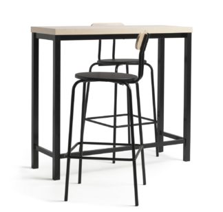 An Image of Habitat Zayn Wood Effect Bar Table & 2 Black Chairs