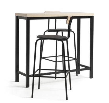 An Image of Habitat Zayn Wood Effect Bar Table & 2 Black Chairs