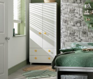 An Image of Habitat Kids Rudi 2 Door Wardrobe - White and Yellow