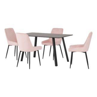 An Image of Berlin Rectangular Black Wood Dining Table with 4 Avery Pink Dining Chairs Baby Pink