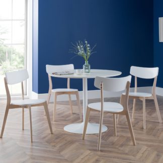 An Image of Blanco Round White Pedestal Dining Table with 4 Casa Dining Chairs White