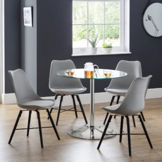 An Image of Kudos Round Glass Pedestal Dining Table with 4 Kari Grey Chairs Chrome