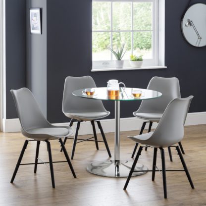 An Image of Kudos Round Glass Pedestal Dining Table with 4 Kari Grey Chairs Chrome