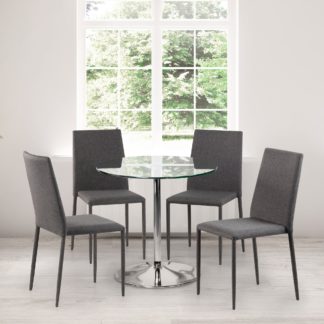 An Image of Kudos Round Glass Pedestal Dining Table with 4 Jazz Grey Chairs Chrome
