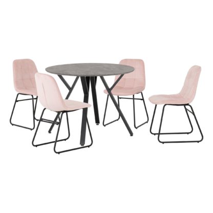 An Image of Athens Round Concrete Effect Dining Table with 4 Lukas Pink Dining Chairs Baby Pink